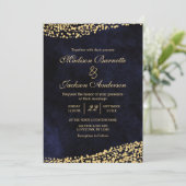 ネイビーブルーウォーターカラー&金ゴールド結婚式招待状 招待状 (スタンド正面)