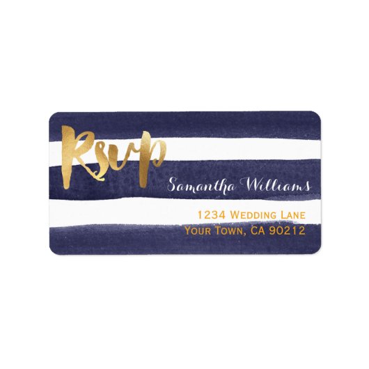 ネイビーブルーウォーターストライプカラー金ゴールドウェディングRSVP ラベル (正面)