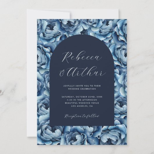 ネイビーブルーウォーターバラフローラ写真結婚の 招待状 (正面)