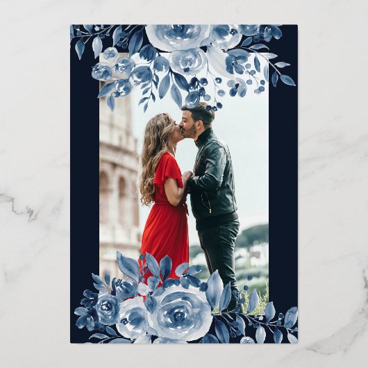 ネイビーブルーウォーターフローラのスクリプト写真結婚の写真 箔招待状 (裏面)