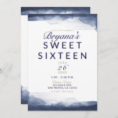 ネイビーブルーウォーターモダンカラーシック甘い16パーティー 招待状 (正面/裏面)