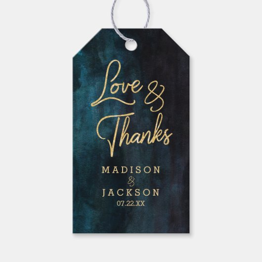 ネイビーブルーウォーター結婚カラー&金ゴールドズ感謝していラブ& ギフトタグ (正面)