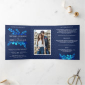 ネイビーブルーウォーター色のフローラ結婚の写真 三つ折り招待状 (内部)