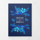 ネイビーブルーウォーター色のフローラ結婚の写真 三つ折り招待状 (カバー)