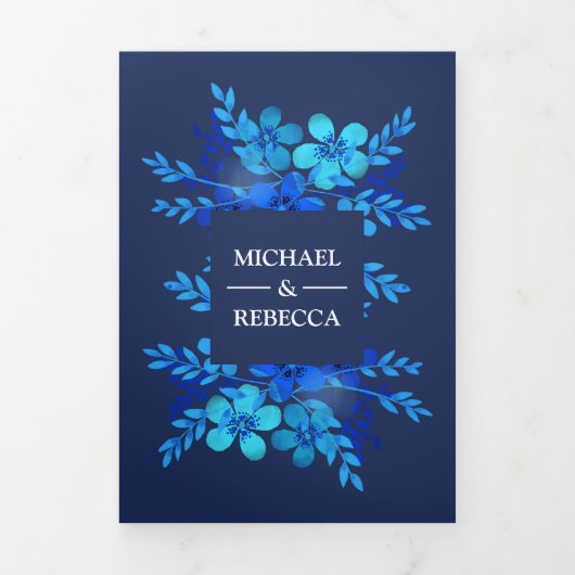 ネイビーブルーウォーター色のフローラ結婚の写真 三つ折り招待状 (カバー)