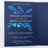 ネイビーブルーウォーター色のフローラ結婚の写真 三つ折り招待状 (内部最初)