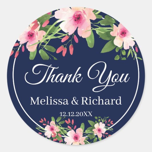 ネイビーブルーウォーター色のフローラ結婚ズサンキュー ラウンドシール (正面)