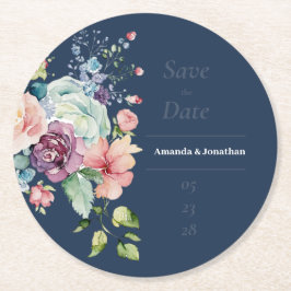 ネイビーブルーウォーター色のフローラ結婚式の日付を保存 ラウンドペーパーコースター