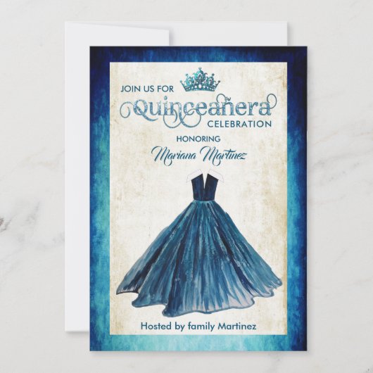 ネイビーブルーウォーター色の手描きボールドレスカーンス 招待状 (正面)