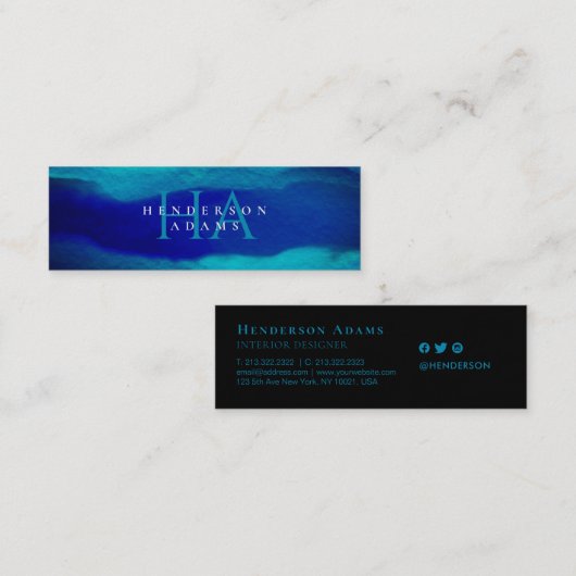 ネイビーブルーウォーター色の波状抽象芸術モノグラム スキニー名刺 (正面/裏面)