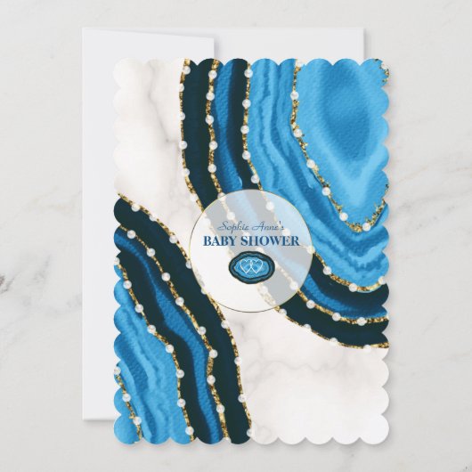 ネイビーブルーウォーター色アゲイト真珠ベビーシャワー 招待状 (裏面)
