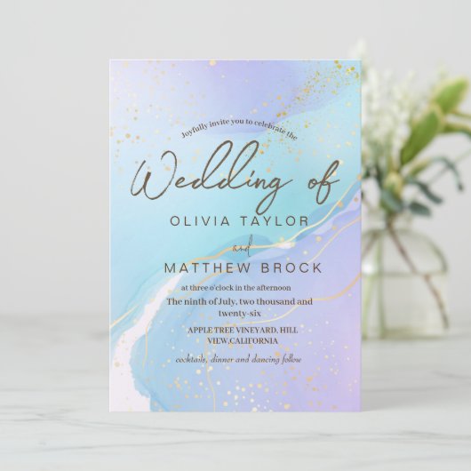 ネイビーブルーウォーター色エレガモダンントウェディング 招待状 (スタンド正面)