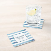 ネイビーブルーウォーター色ストライプの赤ちゃんシャワー スクエアペーパーコースター (インサイチュ)