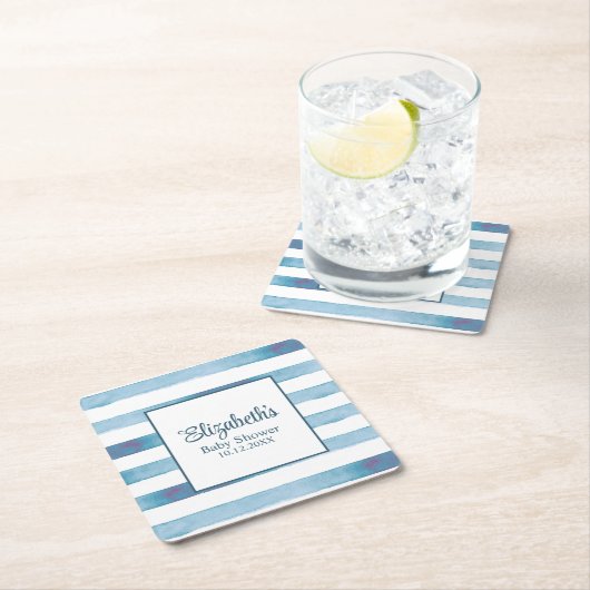 ネイビーブルーウォーター色ストライプの赤ちゃんシャワー スクエアペーパーコースター (インサイチュ)
