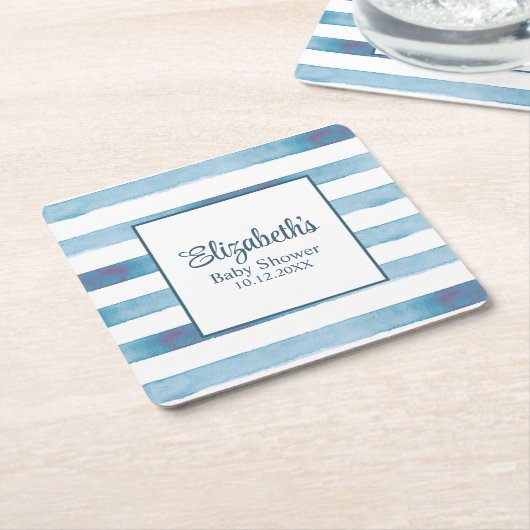 ネイビーブルーウォーター色ストライプの赤ちゃんシャワー スクエアペーパーコースター (アングル)