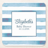 ネイビーブルーウォーター色ストライプの赤ちゃんシャワー スクエアペーパーコースター (正面)