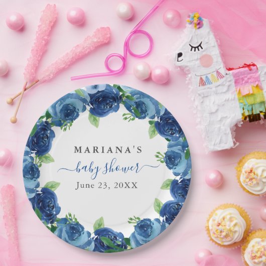 ネイビーブルーウォーター色フローラボーイベビーシャワー ペーパープレート (パーティー)