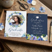 ネイビーブルーウォーター色フローラリース大学院写真 招待状