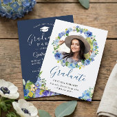 ネイビーブルーウォーター色フローラリース大学院写真 招待状
