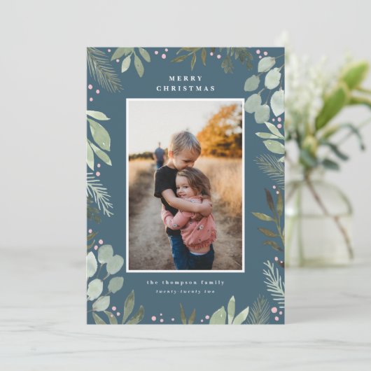 ネイビーブルーウォーター色メリークリスマスフォトカード 招待状 (スタンド正面)