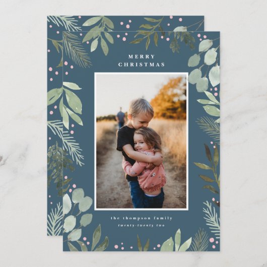 ネイビーブルーウォーター色メリークリスマスフォトカード 招待状 (正面/裏面)