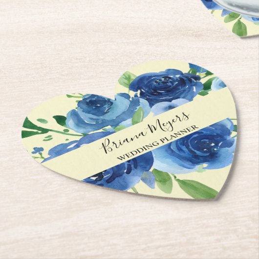 ネイビーブルーウォーター色モダンフローライエロービジネス ペーパーコースター (アングル)