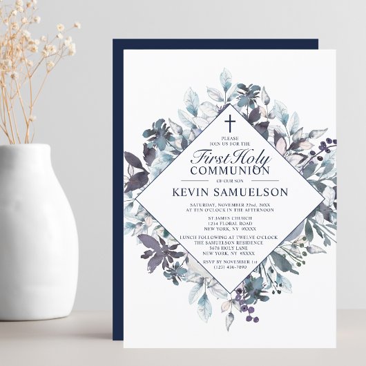ネイビーブルーウォーター色最初の聖餐式ボーイ 招待状