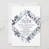 ネイビーブルーウォーター色最初の聖餐式ボーイ 招待状 (正面)