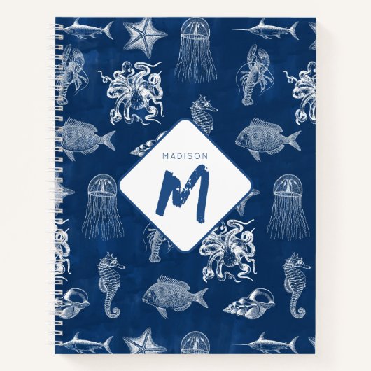 ネイビーブルーウォーター色海海洋動物モノグラム ノートブック (正面)