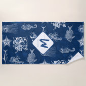 ネイビーブルーウォーター色海海洋動物モノグラム ビーチタオル (正面)