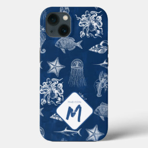 ネイビーブルーウォーター色海海洋動物モノグラム iPhone 13ケース