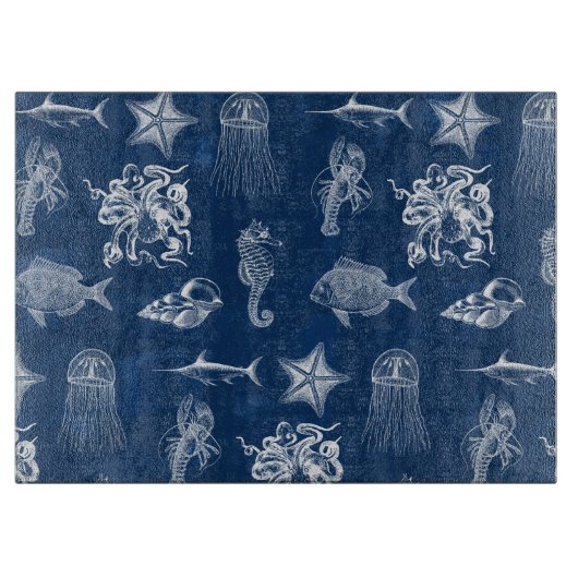 ネイビーブルーウォーター色海海洋動物 カッティングボード (正面)