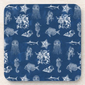 ネイビーブルーウォーター色海海洋動物 コースター (正面)