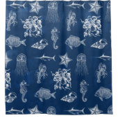 ネイビーブルーウォーター色海海洋動物 シャワーカーテン (正面)