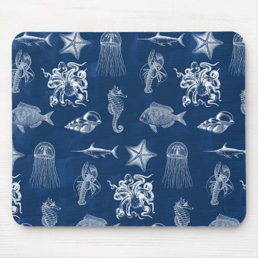 ネイビーブルーウォーター色海海洋動物 マウスパッド (正面)