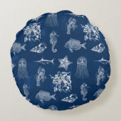 ネイビーブルーウォーター色海海洋動物 ラウンドクッション (裏面)