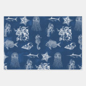 ネイビーブルーウォーター色海海洋動物 ラッピングペーパーシート (正面3)