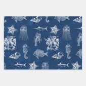 ネイビーブルーウォーター色海海洋動物 ラッピングペーパーシート (正面2)