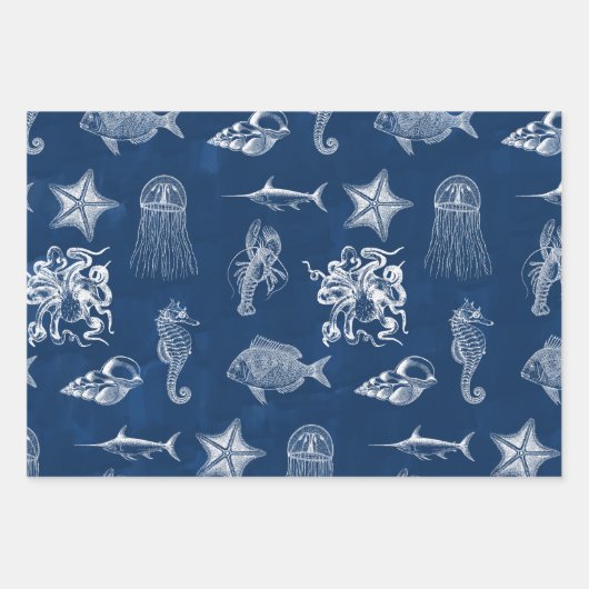 ネイビーブルーウォーター色海海洋動物 ラッピングペーパーシート (正面2)