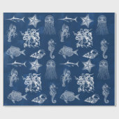 ネイビーブルーウォーター色海海洋動物 ラッピングペーパー (フラット)