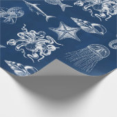 ネイビーブルーウォーター色海海洋動物 ラッピングペーパー (角)