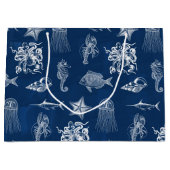 ネイビーブルーウォーター色海海洋動物 ラージペーパーバッグ (正面)