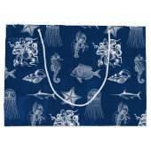 ネイビーブルーウォーター色海海洋動物 ラージペーパーバッグ (裏面)