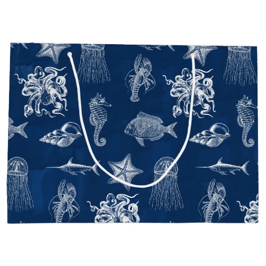 ネイビーブルーウォーター色海海洋動物 ラージペーパーバッグ (裏面)