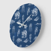 ネイビーブルーウォーター色海海洋動物 ラージ壁時計 (傾斜)