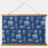 ネイビーブルーウォーター色海海洋動物 吊り下げ型タペストリー (正面)