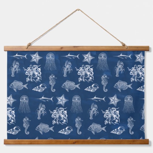 ネイビーブルーウォーター色海海洋動物 吊り下げ型タペストリー (正面)
