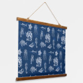 ネイビーブルーウォーター色海海洋動物 吊り下げ型タペストリー (傾斜あり)