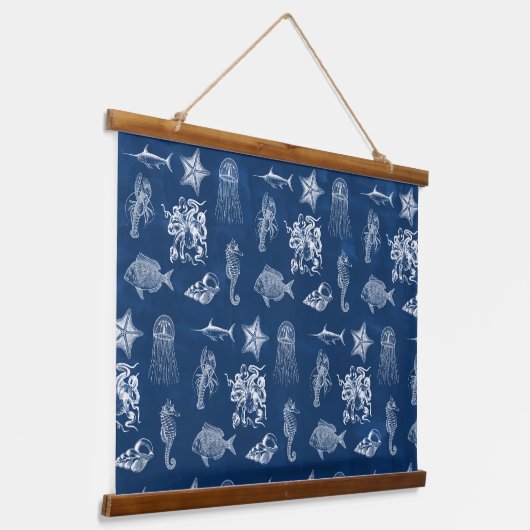 ネイビーブルーウォーター色海海洋動物 吊り下げ型タペストリー (傾斜あり)