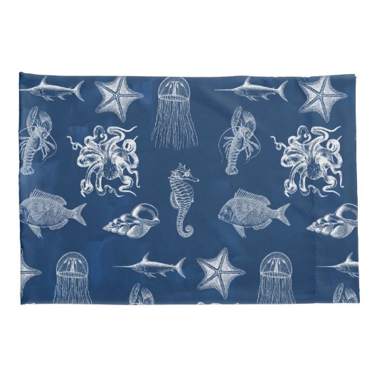 ネイビーブルーウォーター色海海洋動物 枕カバー (裏面-右)